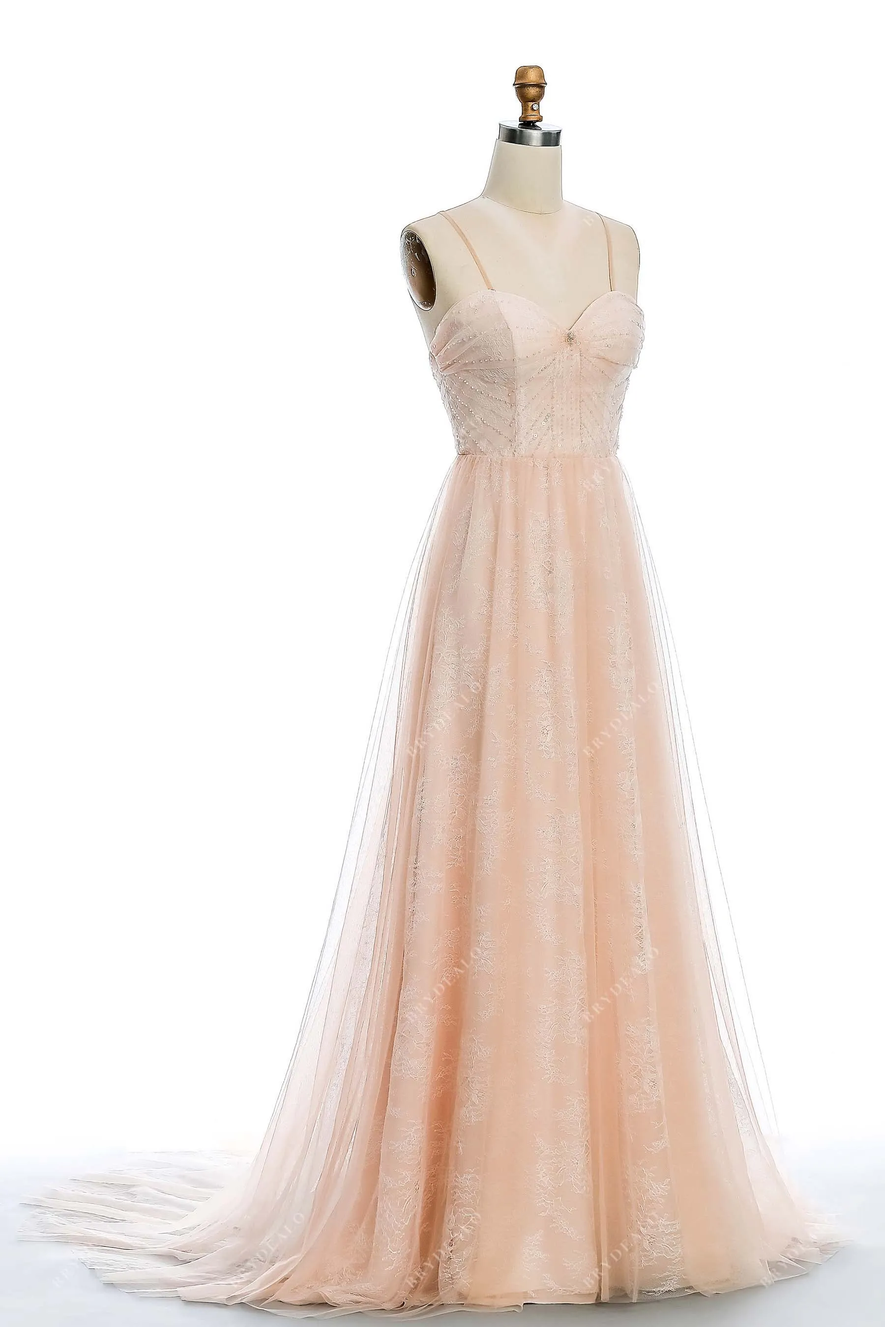 Peach Pink Beaded Straps Lace Destination Wedding Dress