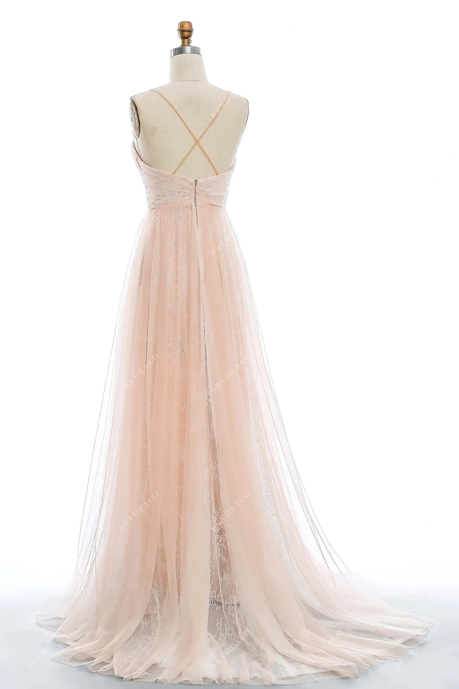 Peach Pink Beaded Straps Lace Destination Wedding Dress