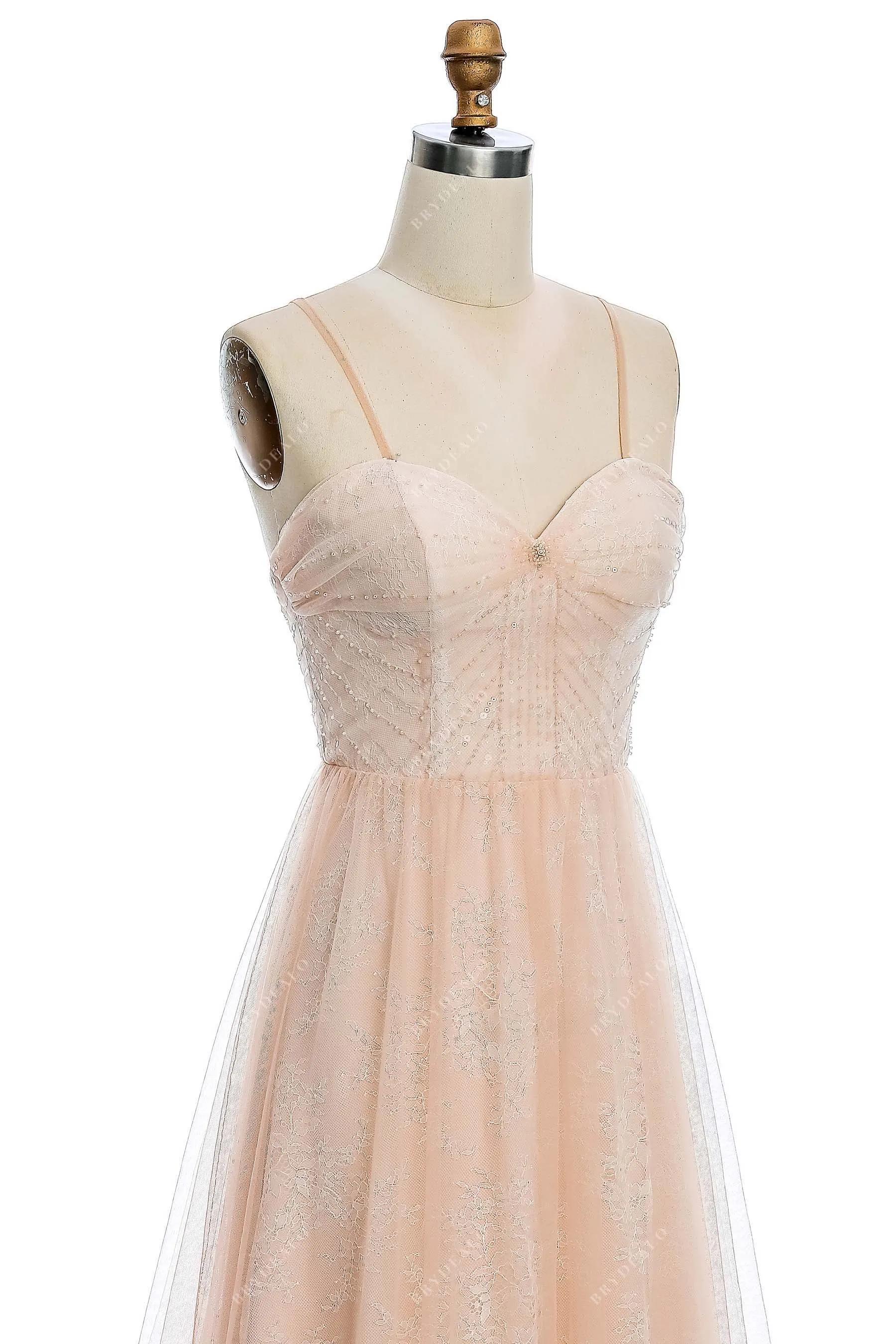 Peach Pink Beaded Straps Lace Destination Wedding Dress