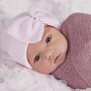 Pink and White Striped Nursery Big Bow with Gem Newborn Girl Hospital Hat Newborn Hat Infant Hat