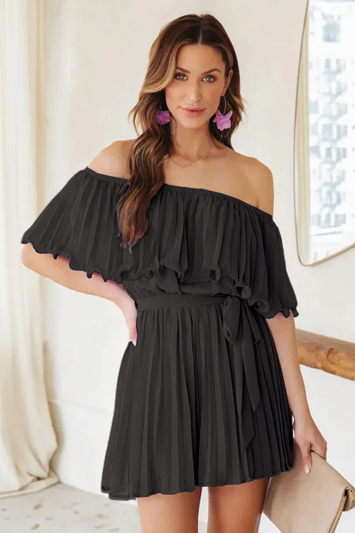 Pleat The Way Off Shoulder Tie-Waist Romper - 4 Colors