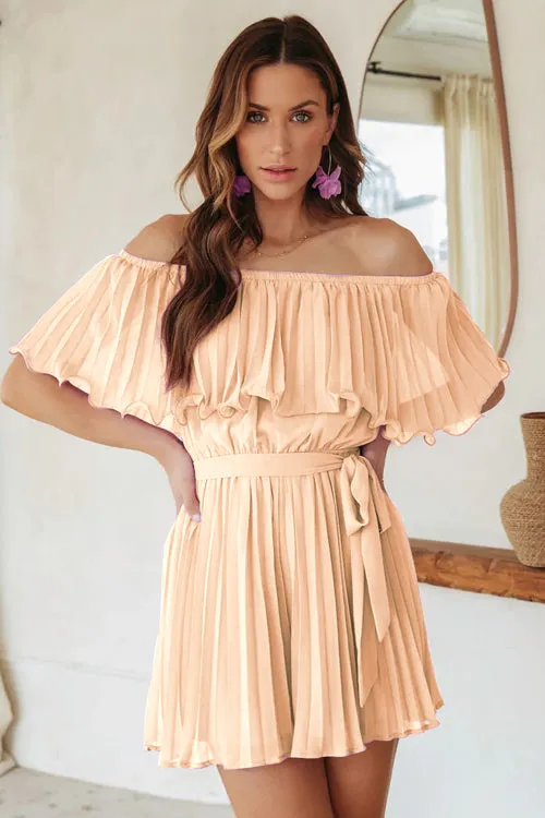 Pleat The Way Off Shoulder Tie-Waist Romper - 4 Colors