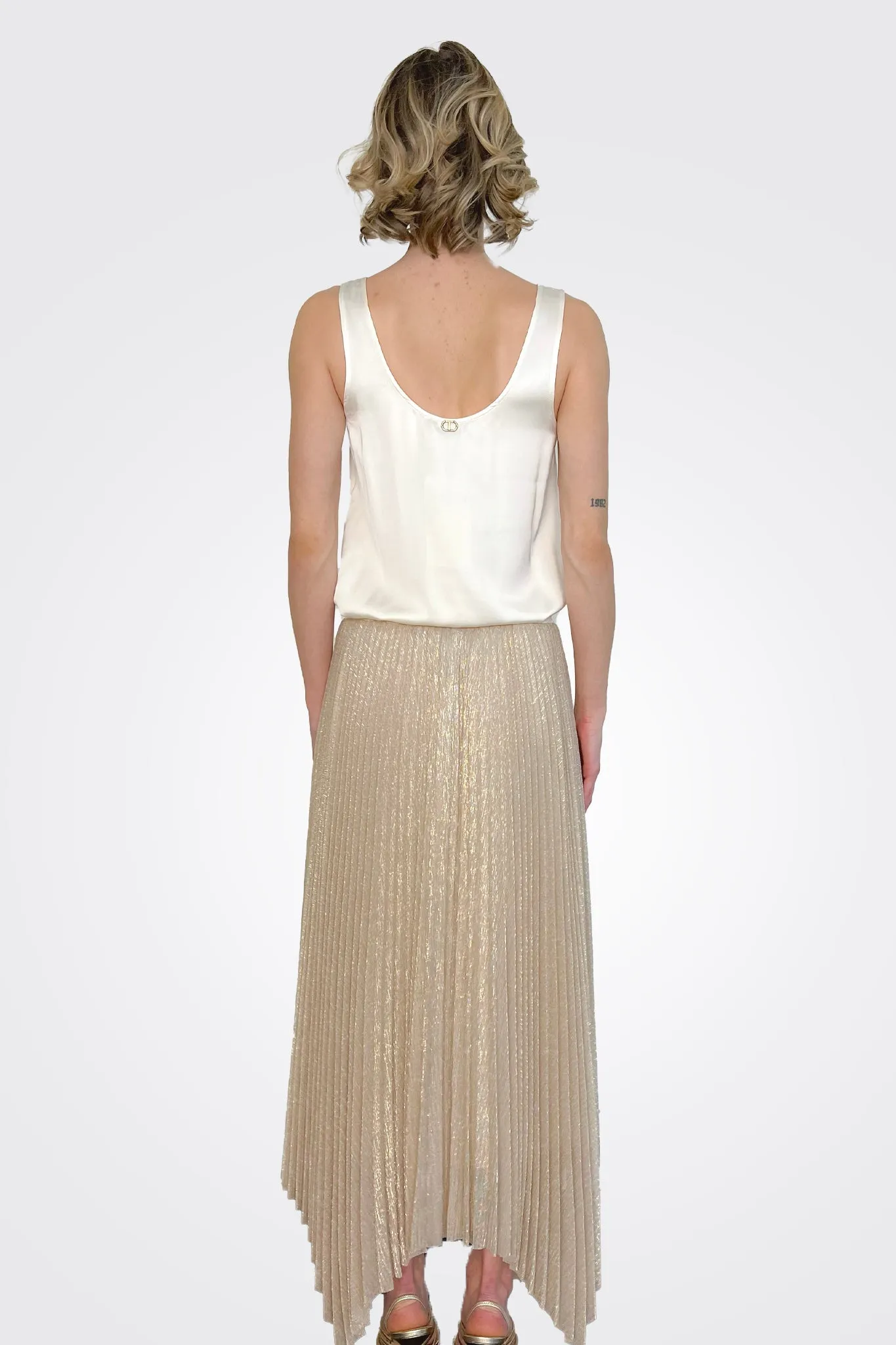 Pleated Lurex Asymmetrical Skirt - Beige