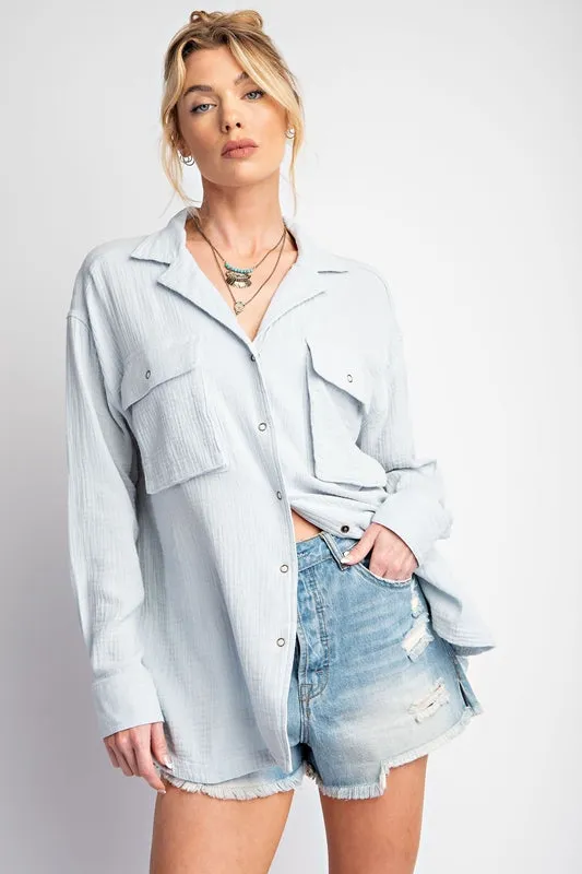 Plus Easel Cotton Gauze Snap Cargo Shirt - Powder Blue