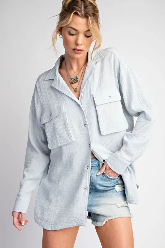 Plus Easel Cotton Gauze Snap Cargo Shirt - Powder Blue