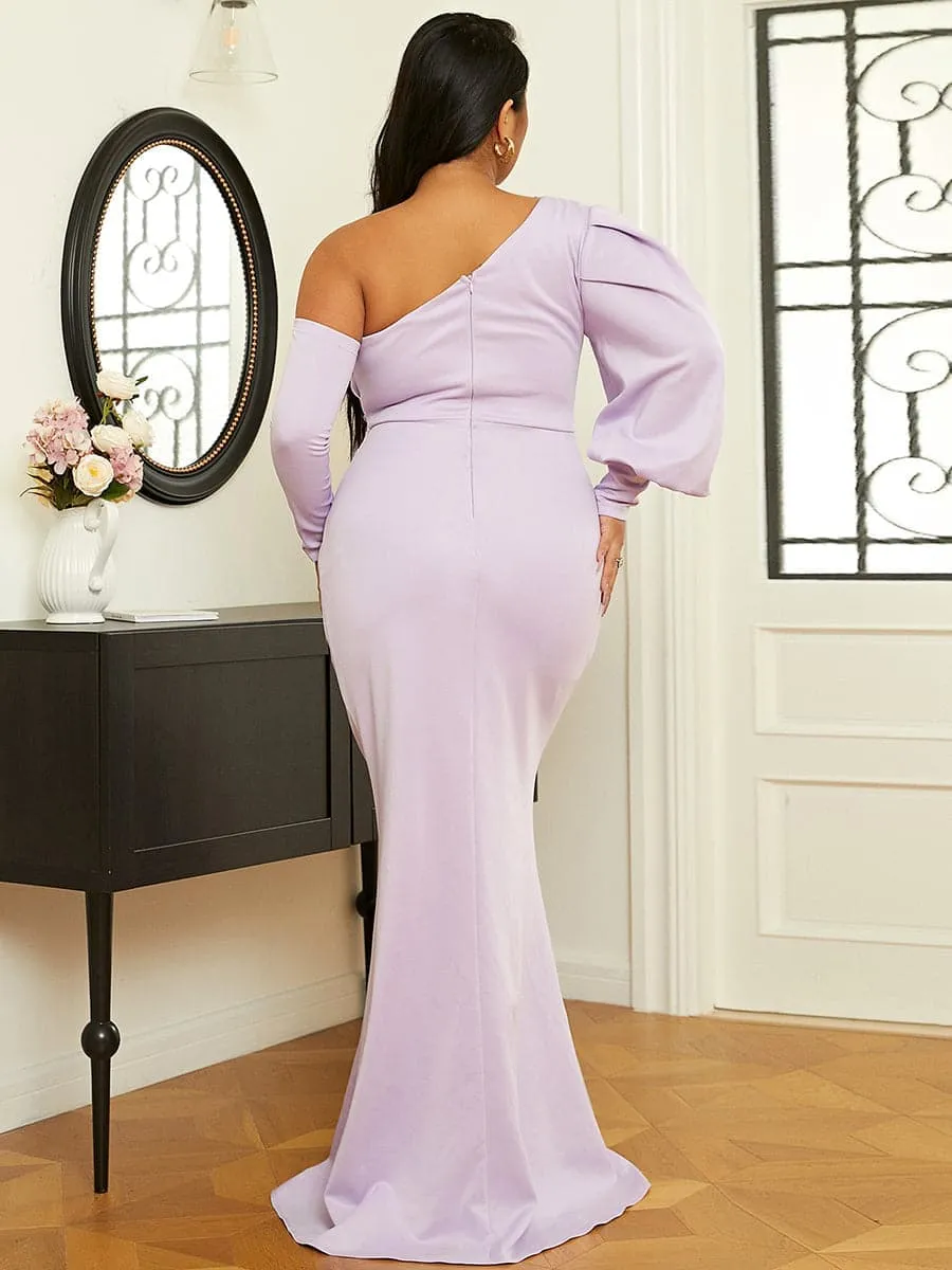 Plus Size Puff One Shoulder Maxi Knit Evening Dress PXH2250