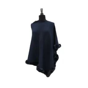 Poncho with Embellishments and Fur Trim - Navy