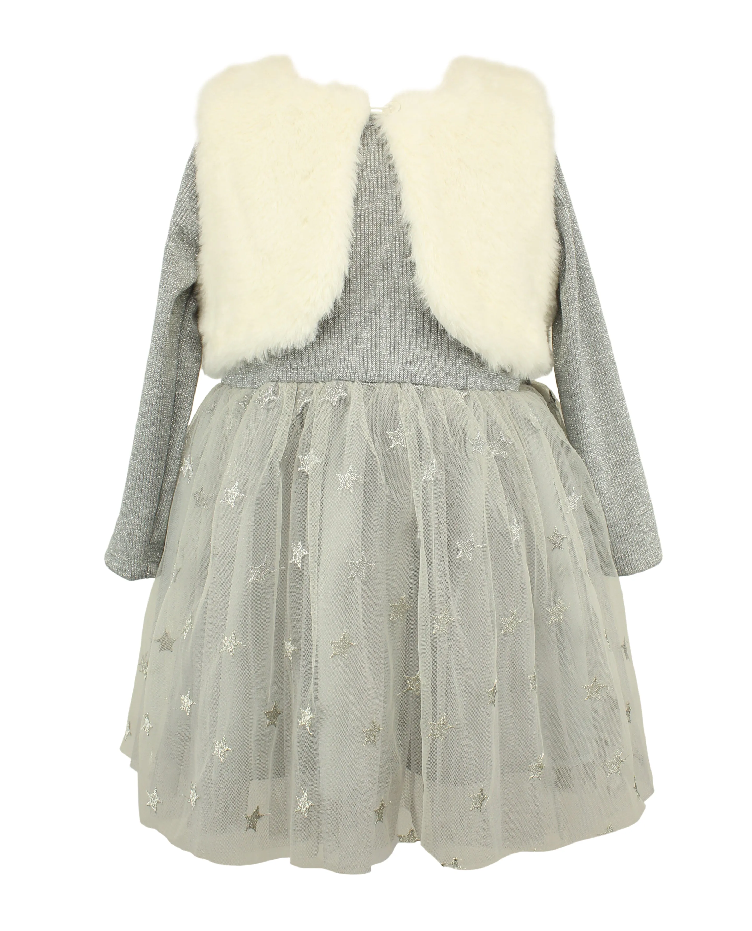 Popatu Baby Girls Grey Dress with Faux Fur Vest