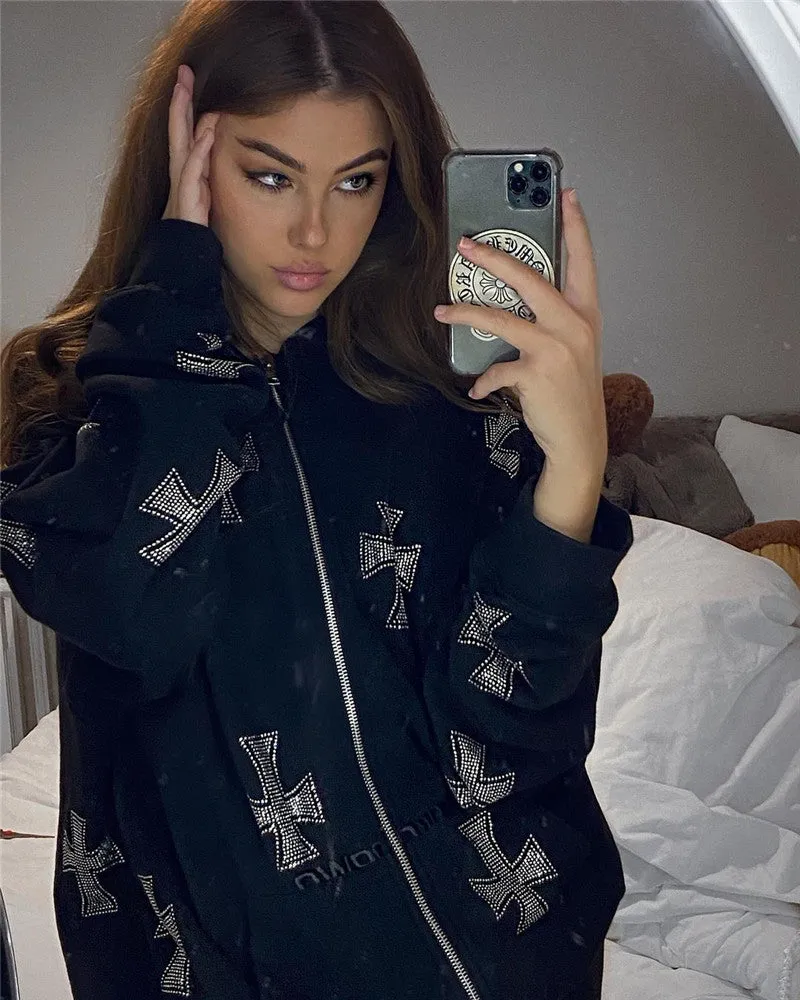 Purpdrank - Y2K Fashion Rhinestone Hoodies Women Hip Hop Joggers Sweatshirt Korean Oversized Zipper Sport Coat Ladies Gothic Jacket Pullover