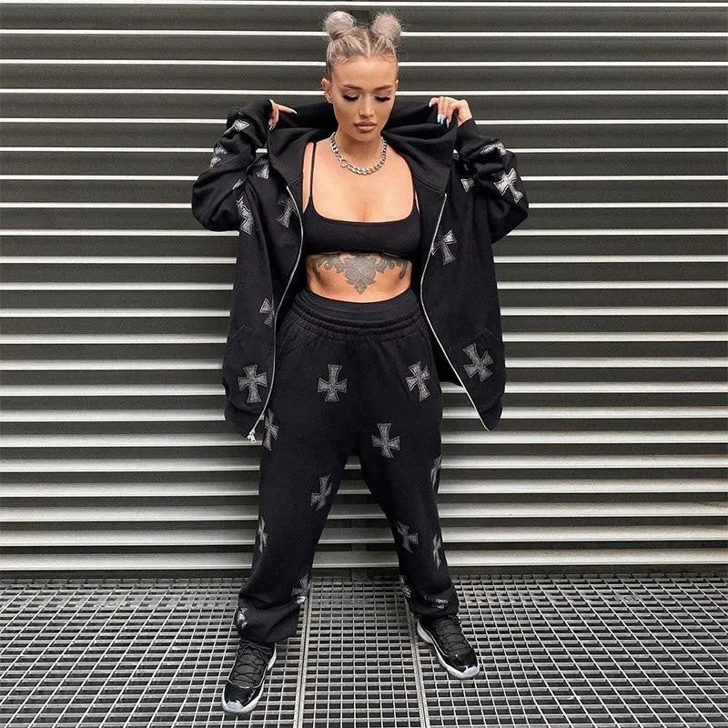 Purpdrank - Y2K Fashion Rhinestone Hoodies Women Hip Hop Joggers Sweatshirt Korean Oversized Zipper Sport Coat Ladies Gothic Jacket Pullover