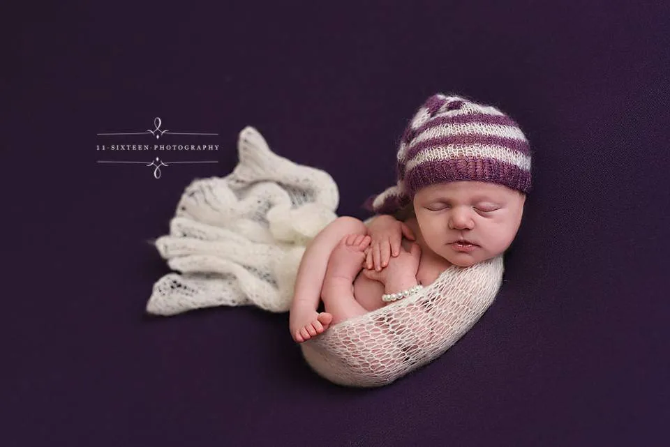 Purple and Cream Newborn Mohair Pixie Baby Hat