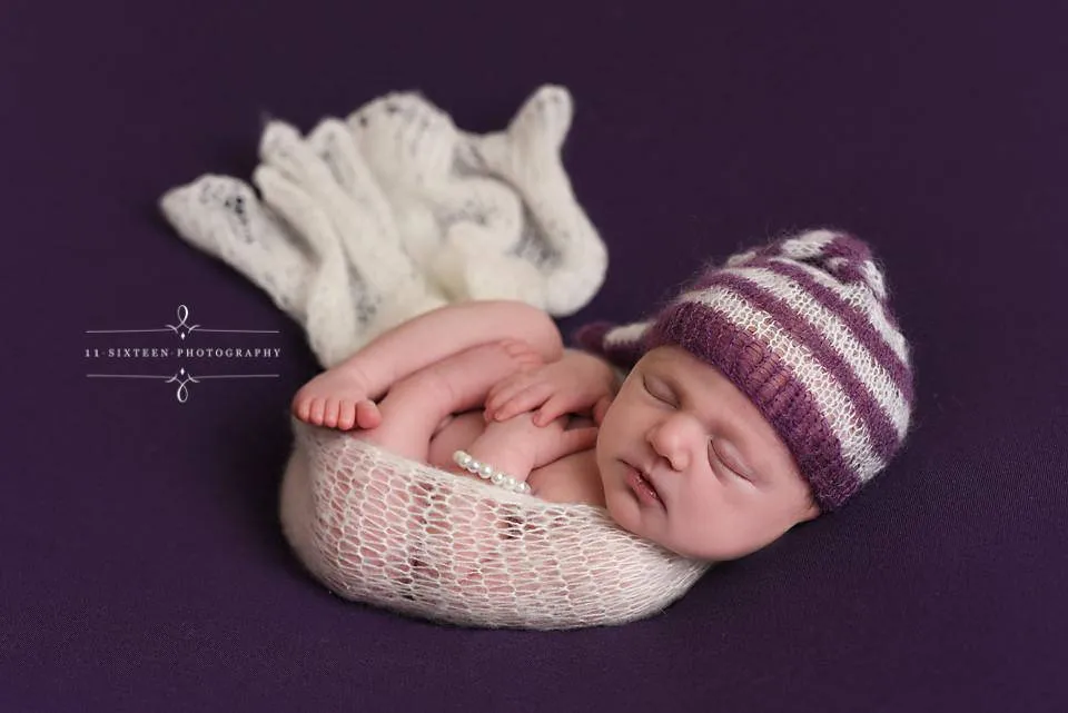 Purple and Cream Newborn Mohair Pixie Baby Hat