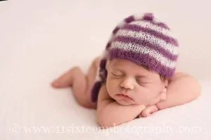 Purple and Cream Newborn Mohair Pixie Baby Hat