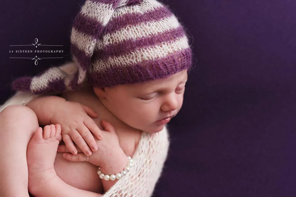 Purple and Cream Newborn Mohair Pixie Baby Hat