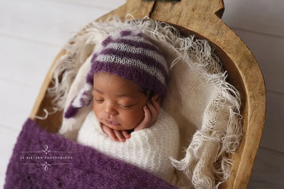 Purple and Cream Newborn Mohair Pixie Baby Hat