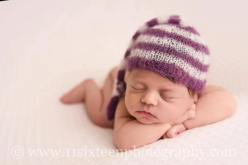 Purple and Cream Newborn Mohair Pixie Baby Hat