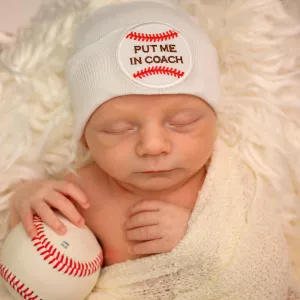 Put Me In Coach - WHITE, Blue or Gray Baseball Hat for Newborn Boys - Sports Hospital Hat