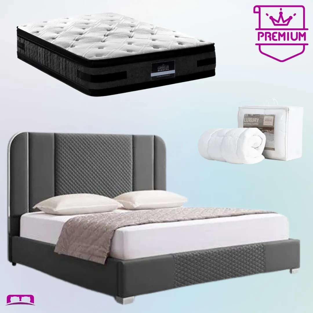 Queen Premium Package | Bedzy Luxe Halcyon Bed Frame Black, Luna Series Euro Top Mattress (Medium Firm) & Bamboo Mattress Topper!