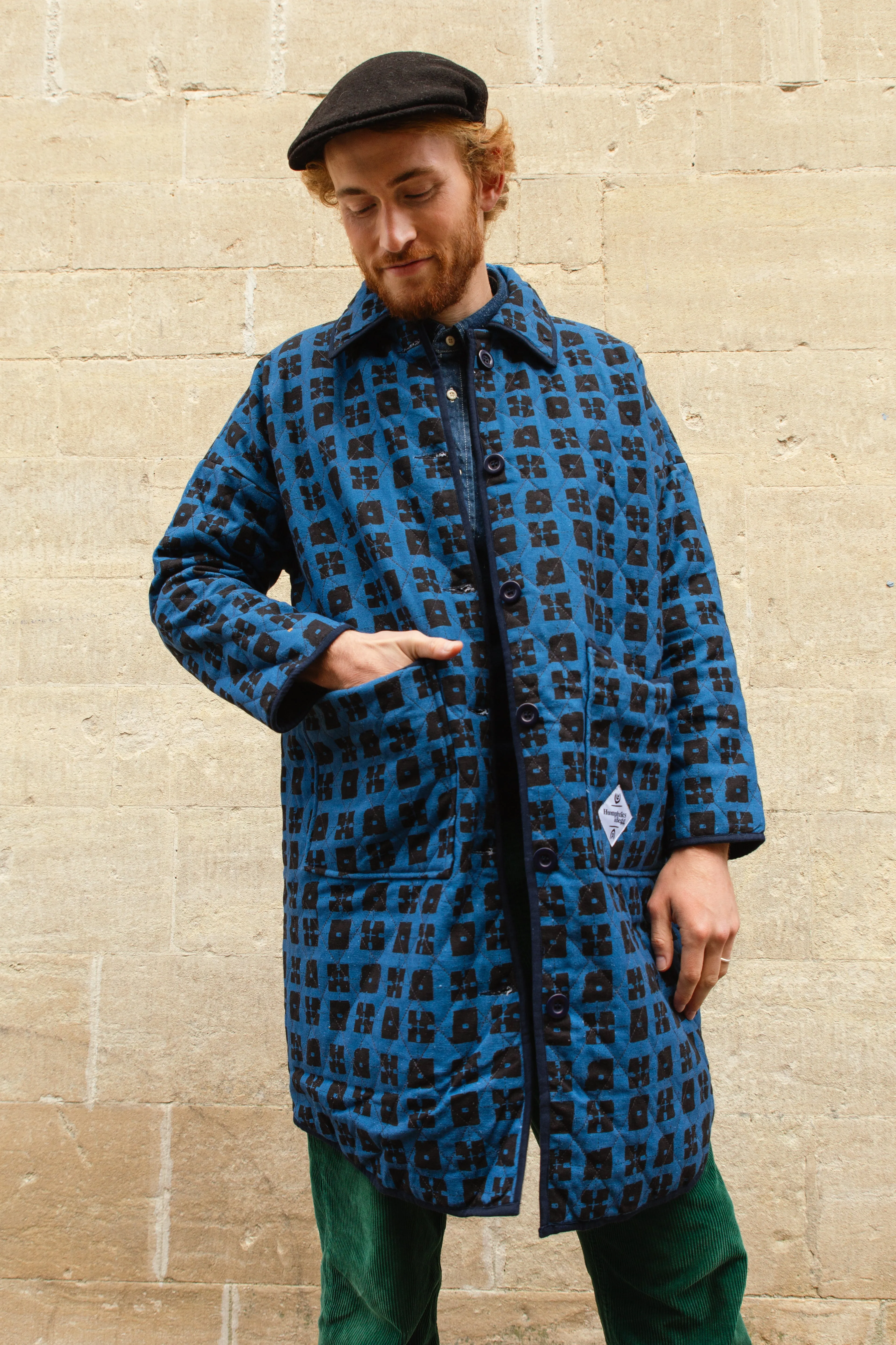 Quilted Overcoat in 'Indigo Chess Set'