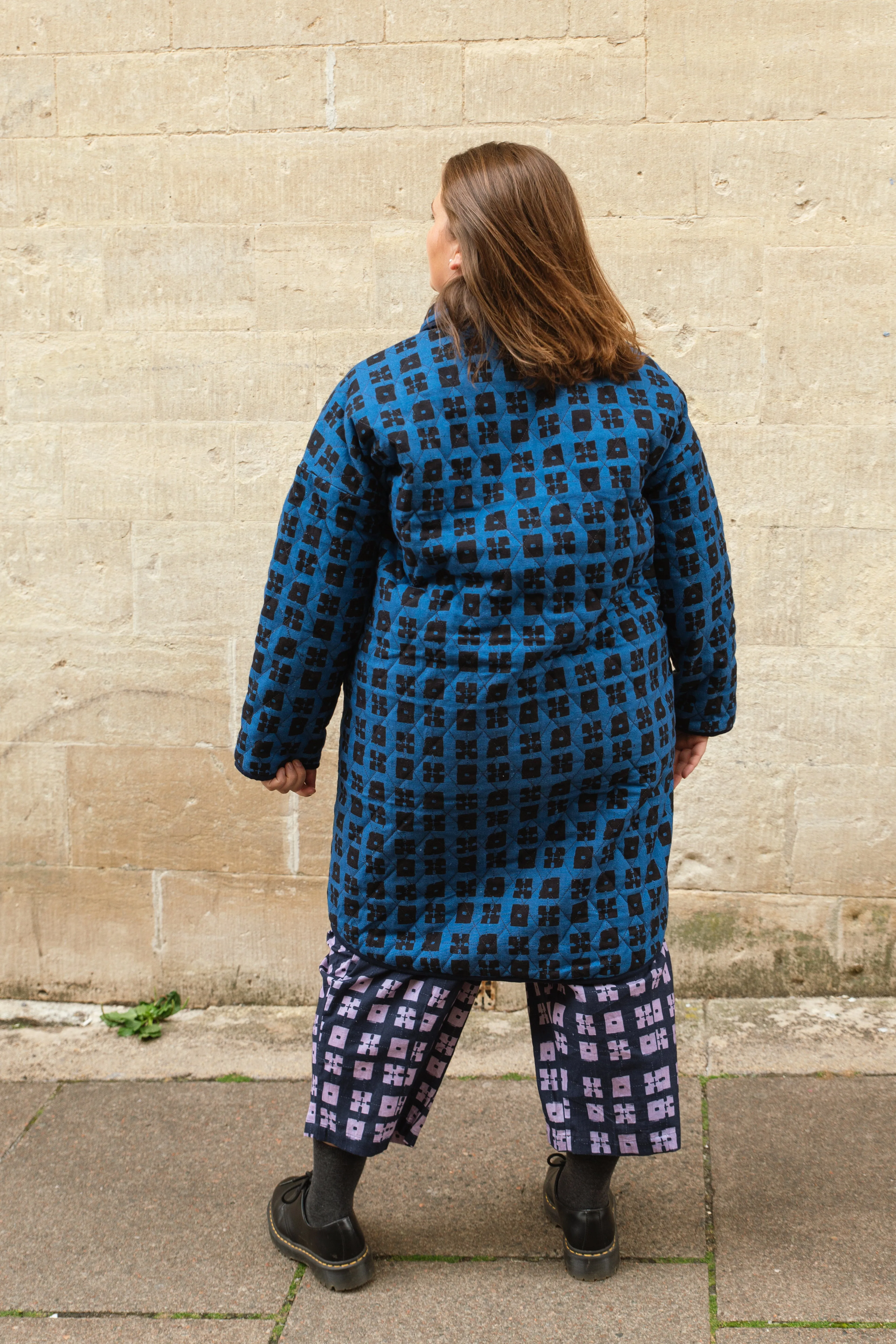 Quilted Overcoat in 'Indigo Chess Set'