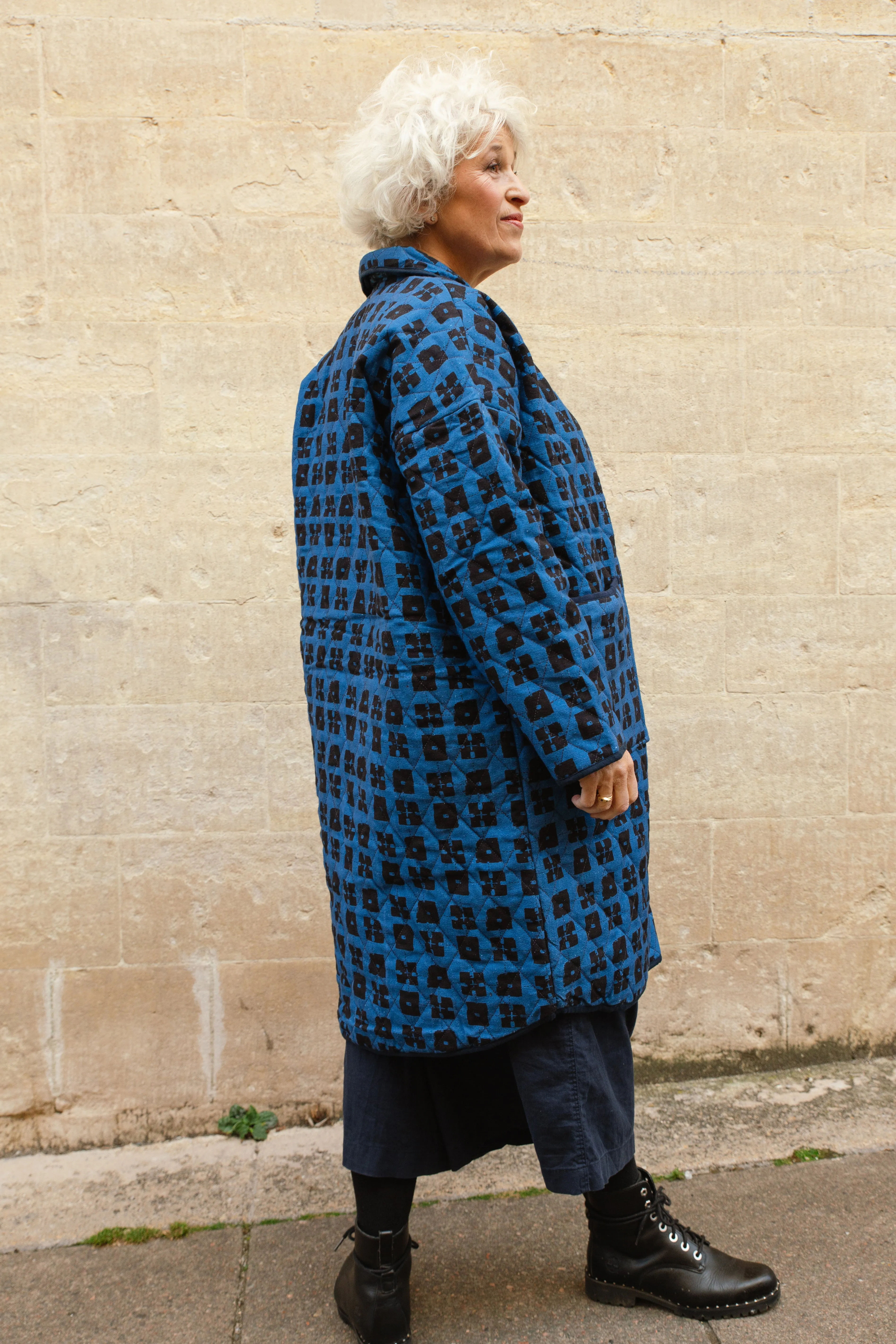 Quilted Overcoat in 'Indigo Chess Set'