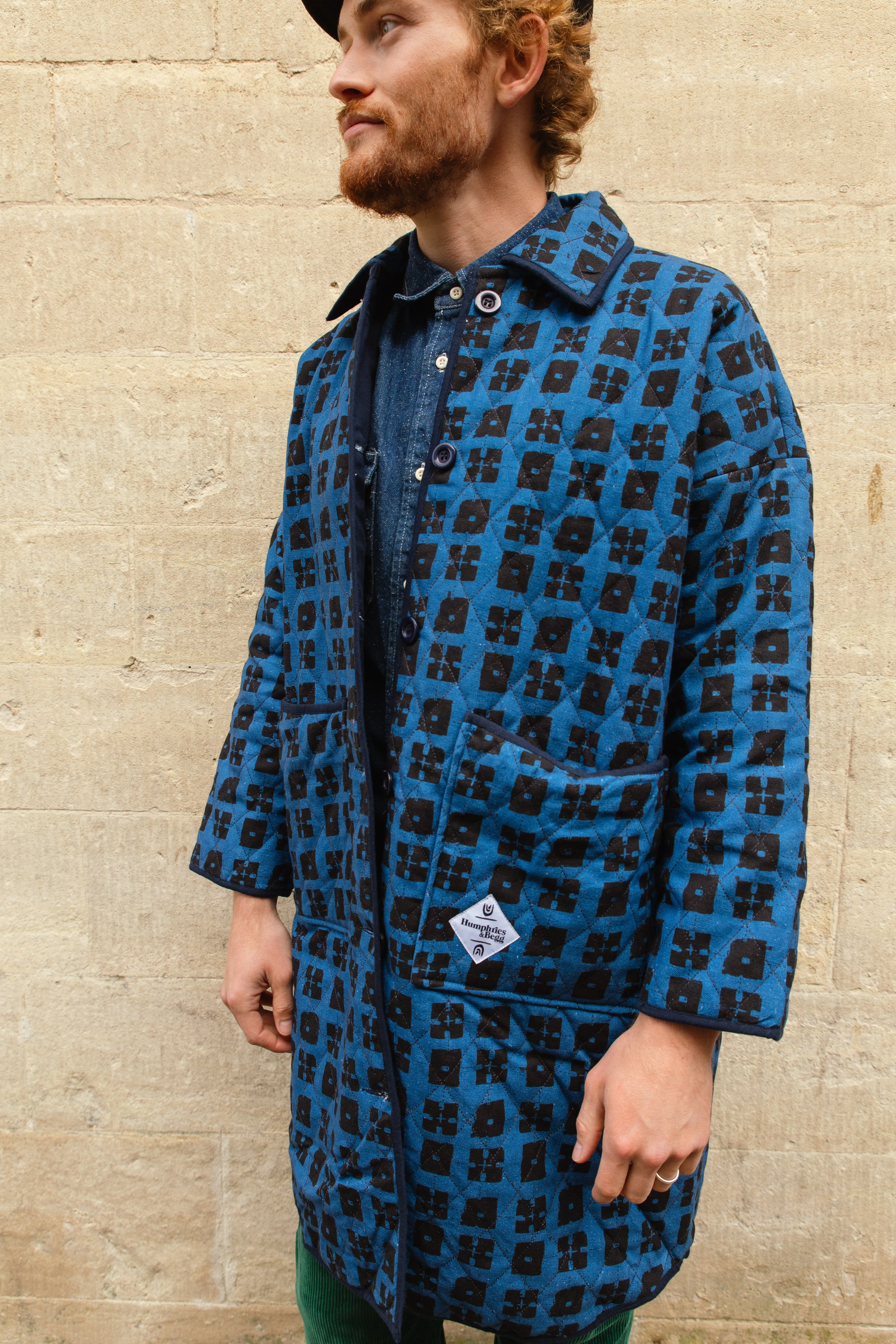 Quilted Overcoat in 'Indigo Chess Set'