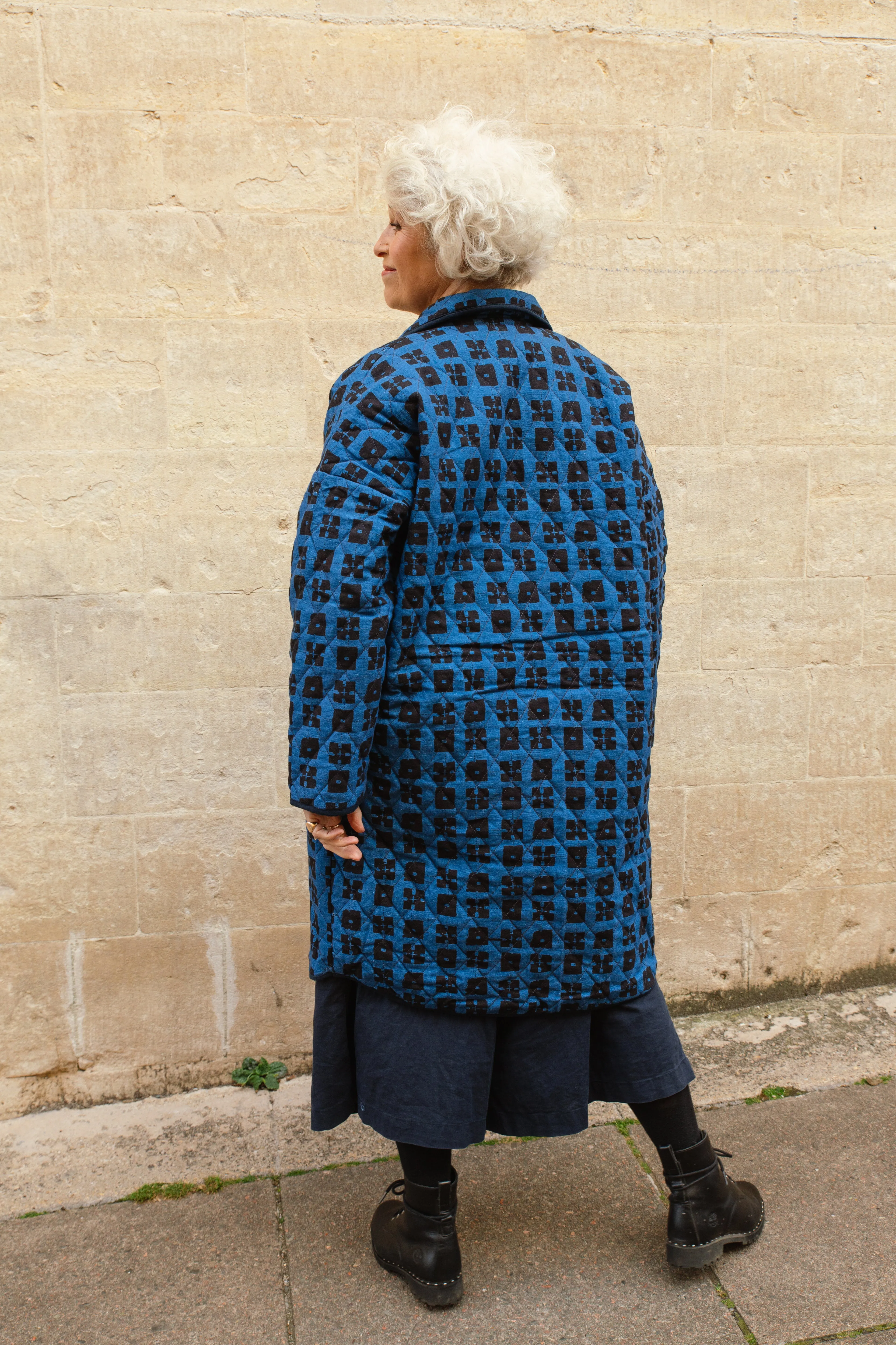 Quilted Overcoat in 'Indigo Chess Set'