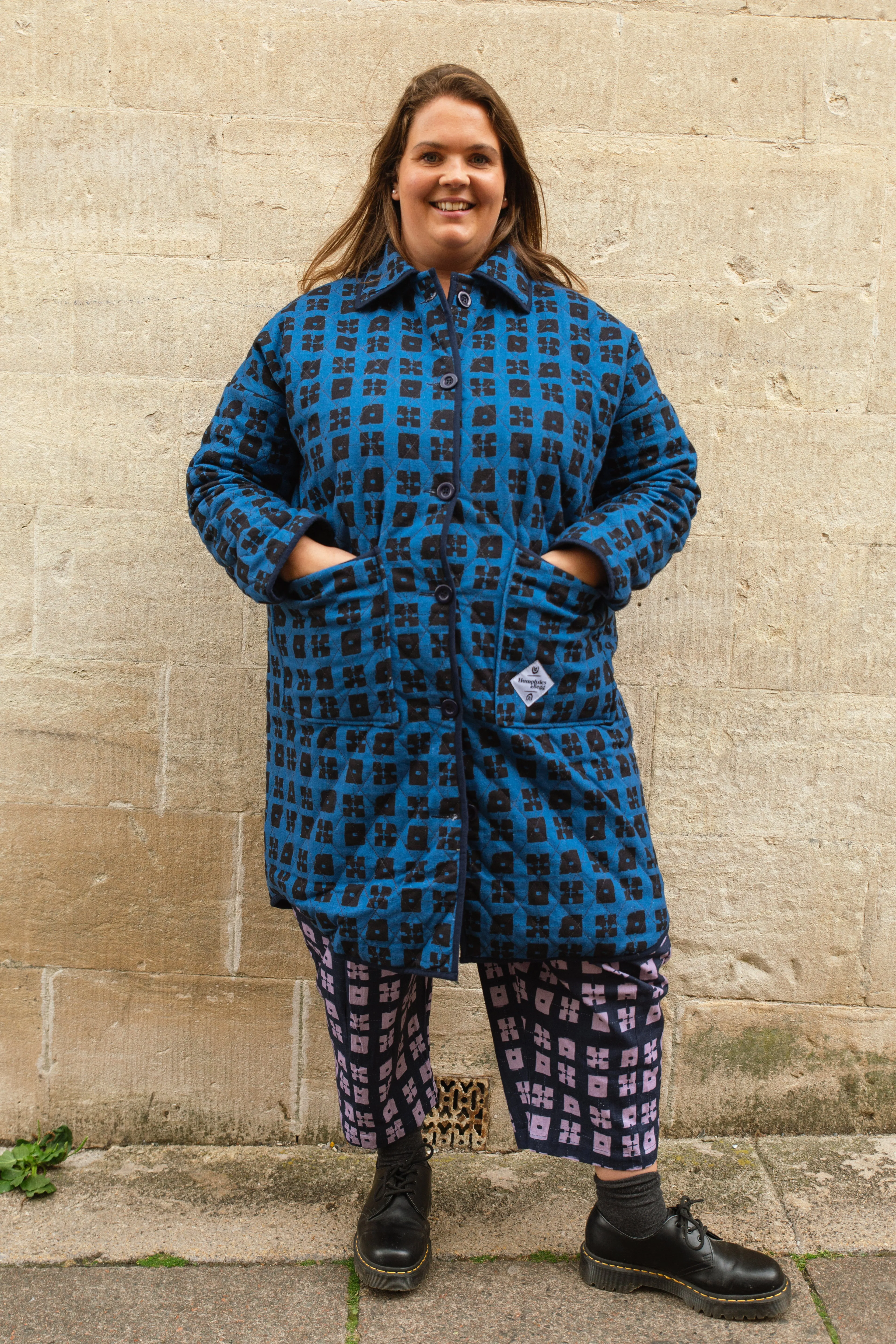 Quilted Overcoat in 'Indigo Chess Set'