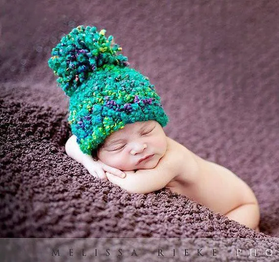 Rainbow Pom Hat in Teal Purple Yellow Green