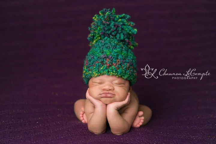 Rainbow Pom Hat in Teal Purple Yellow Green