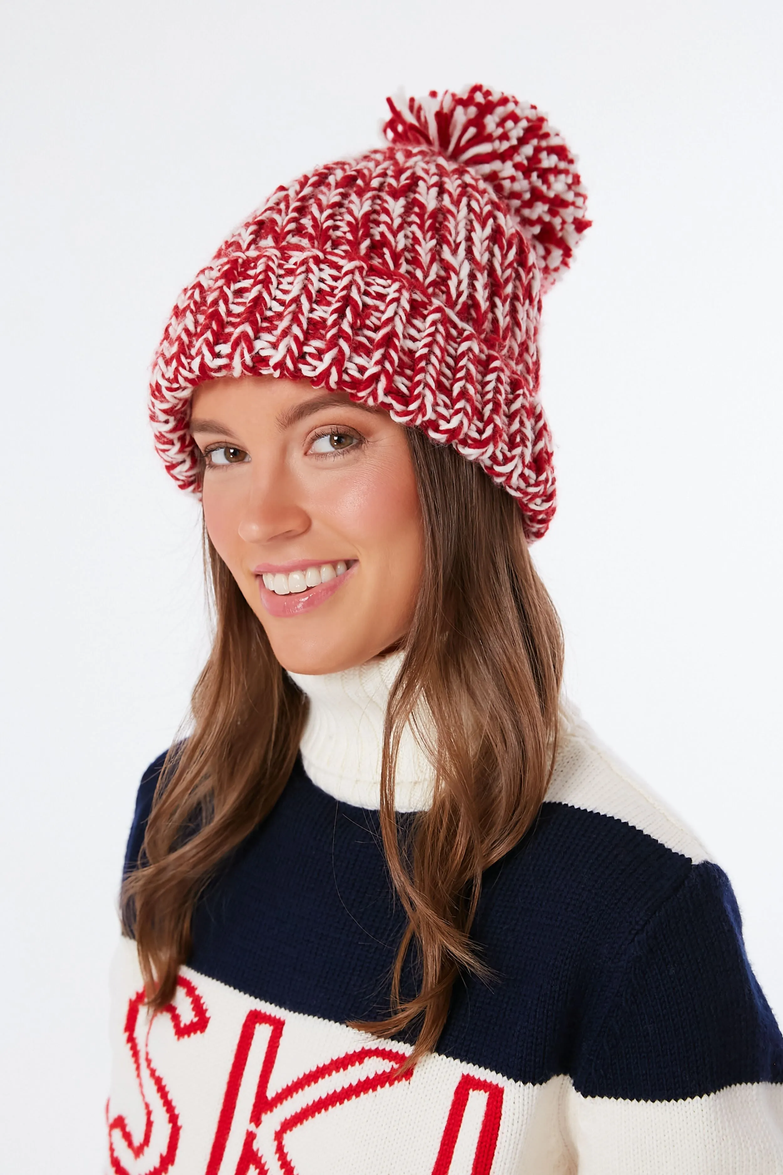 Red Hand Knitted Candy Cane PomPom Hat