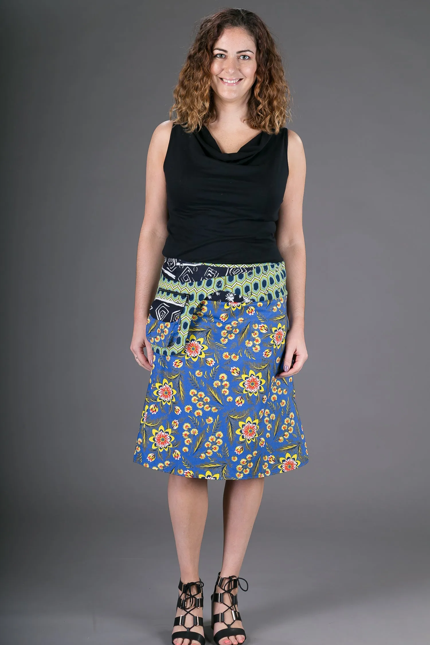 Reversible Cotton Skirt Blue Floral Black White Print with Pocket