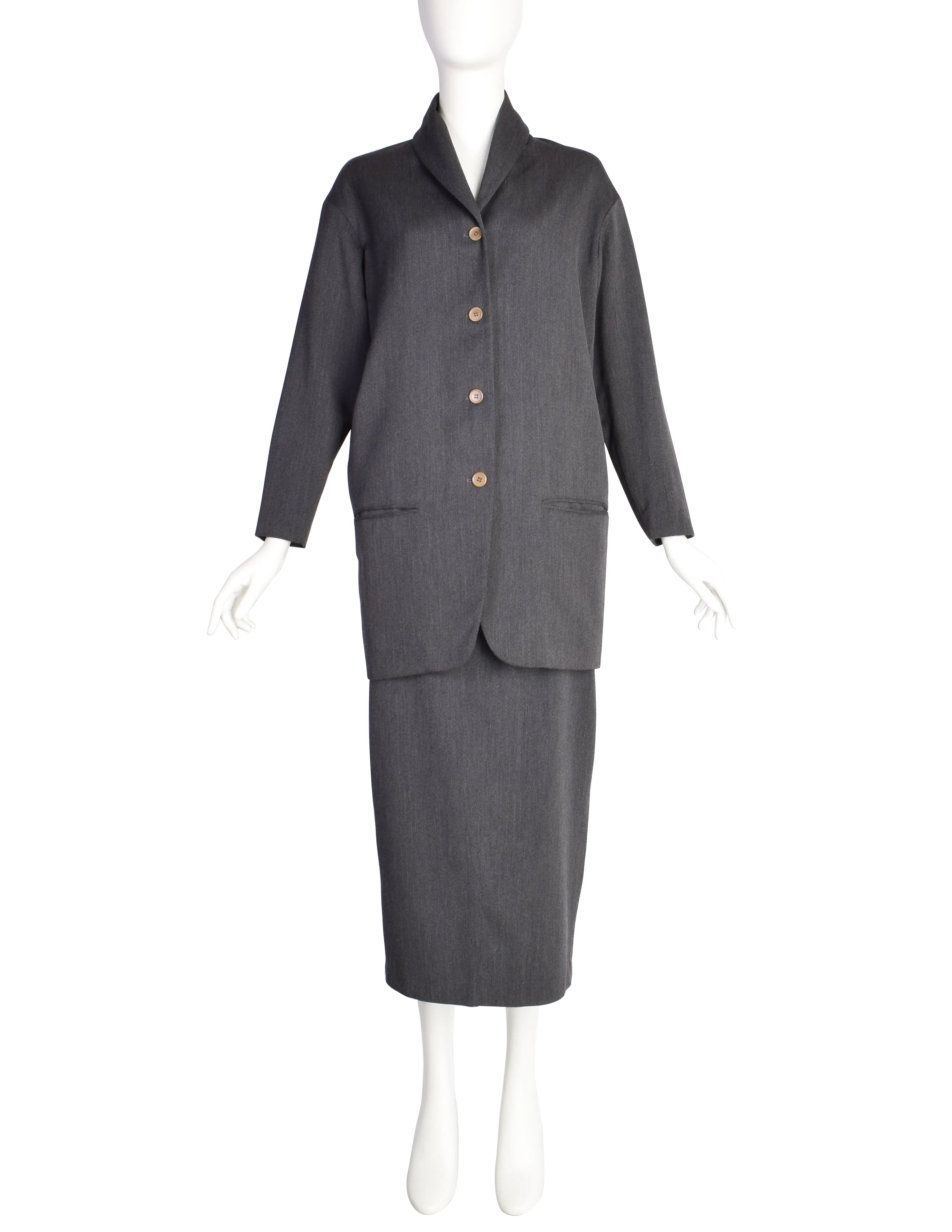 Romeo Gigli Vintage 1980s Charcoal Grey Wool Jacket and Skirt Suit