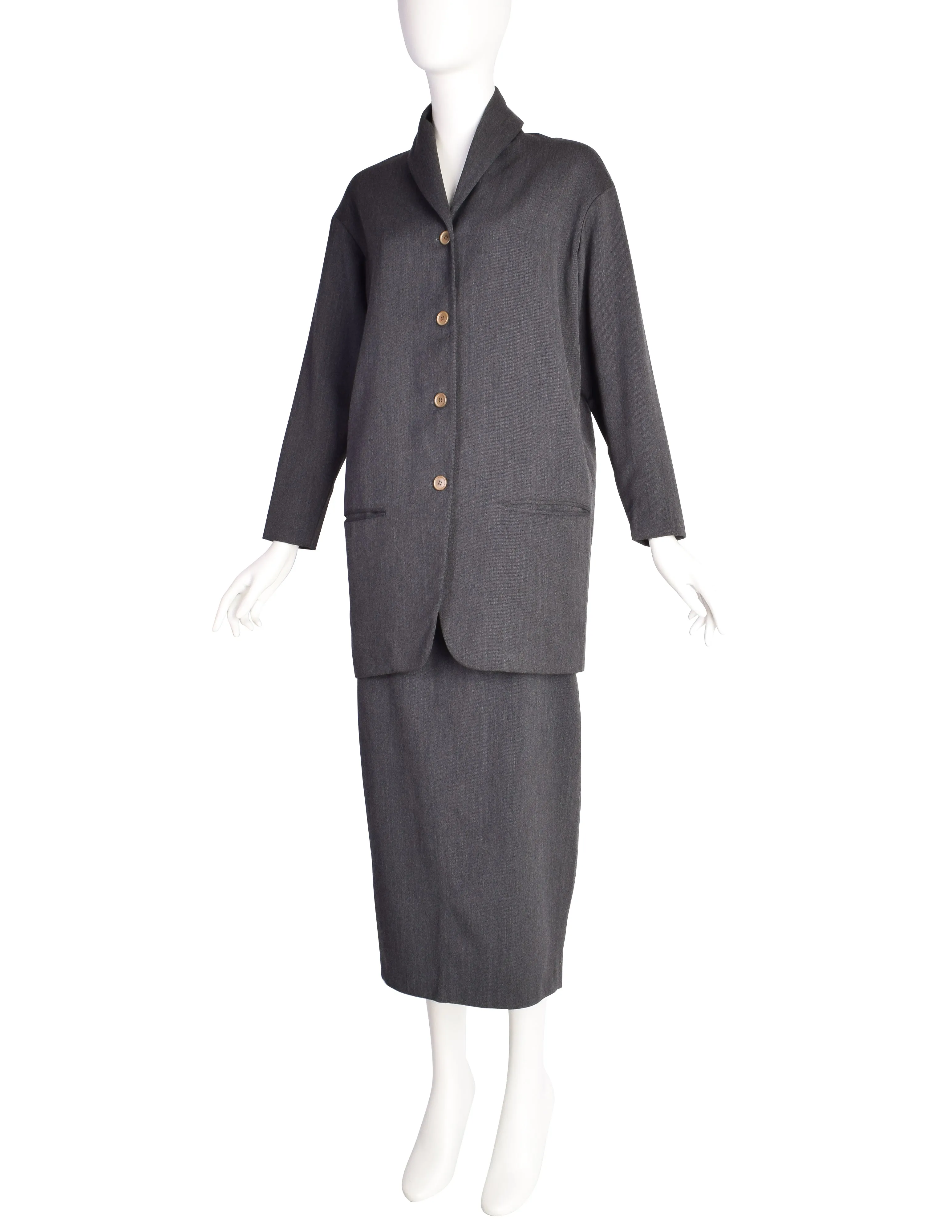 Romeo Gigli Vintage 1980s Charcoal Grey Wool Jacket and Skirt Suit