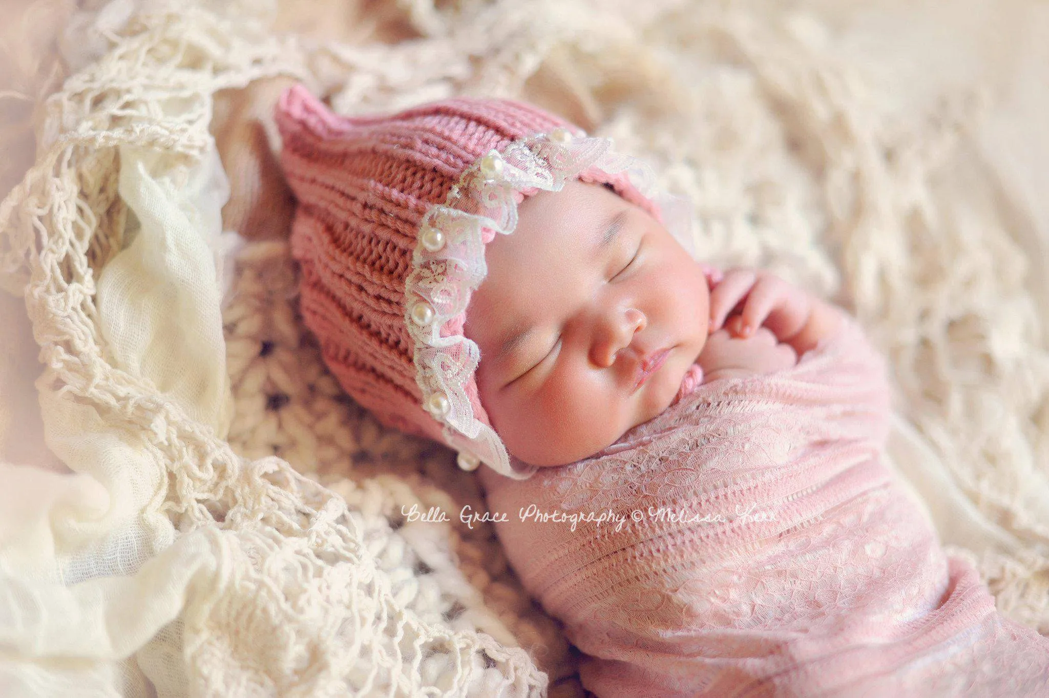 Rose Pink Lace Pearl Cotton Knit Baby Bonnet