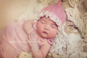 Rose Pink Lace Pearl Cotton Knit Baby Bonnet