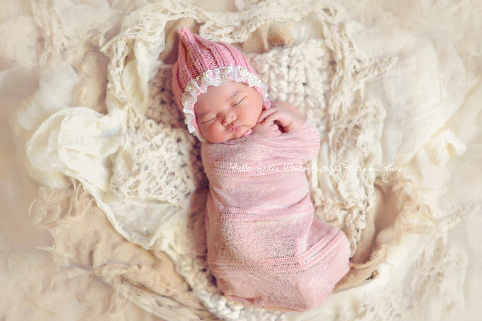 Rose Pink Lace Pearl Cotton Knit Baby Bonnet