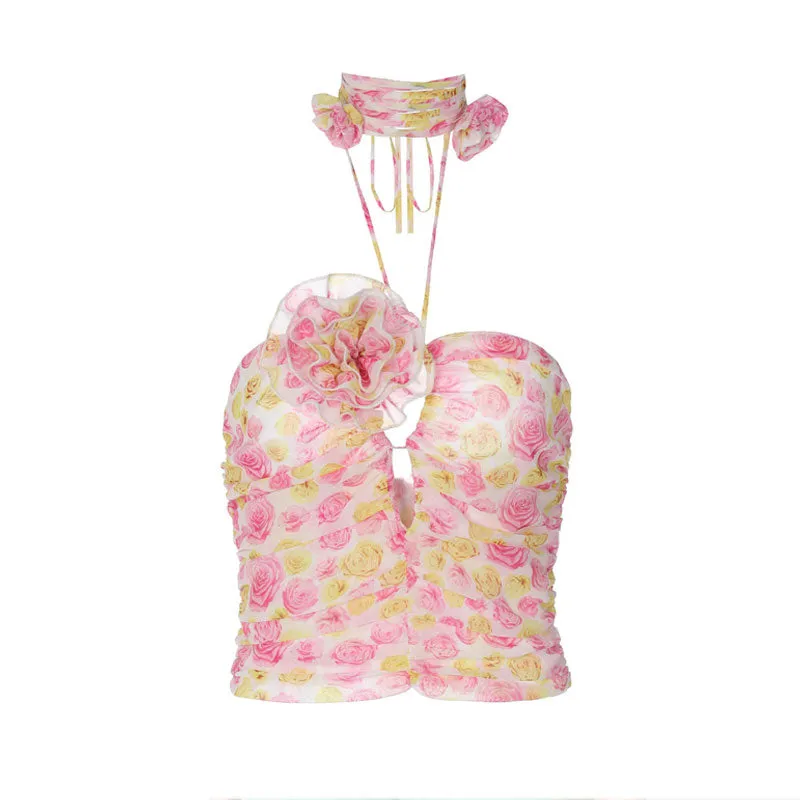 Rosette Floral Appliqué Drawstring Choker Cutout Detail Ruched Halter Crop Top - Pink