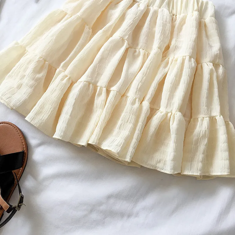 Ruffles Elastic High Waist Mini Skirt White/Beige