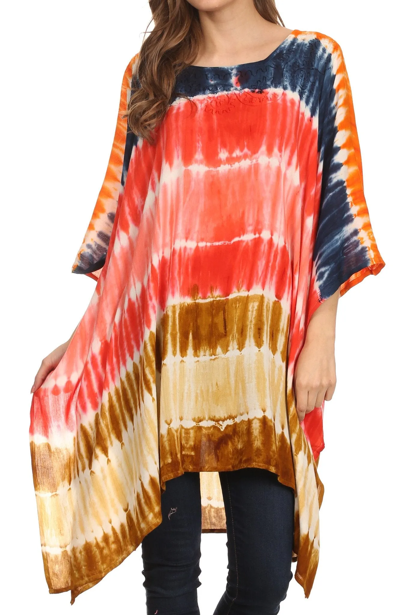 Sakkas Kalinda Embroidered Tie Dye Loose Fit Caftan Poncho Tunic Top / Cover-Up