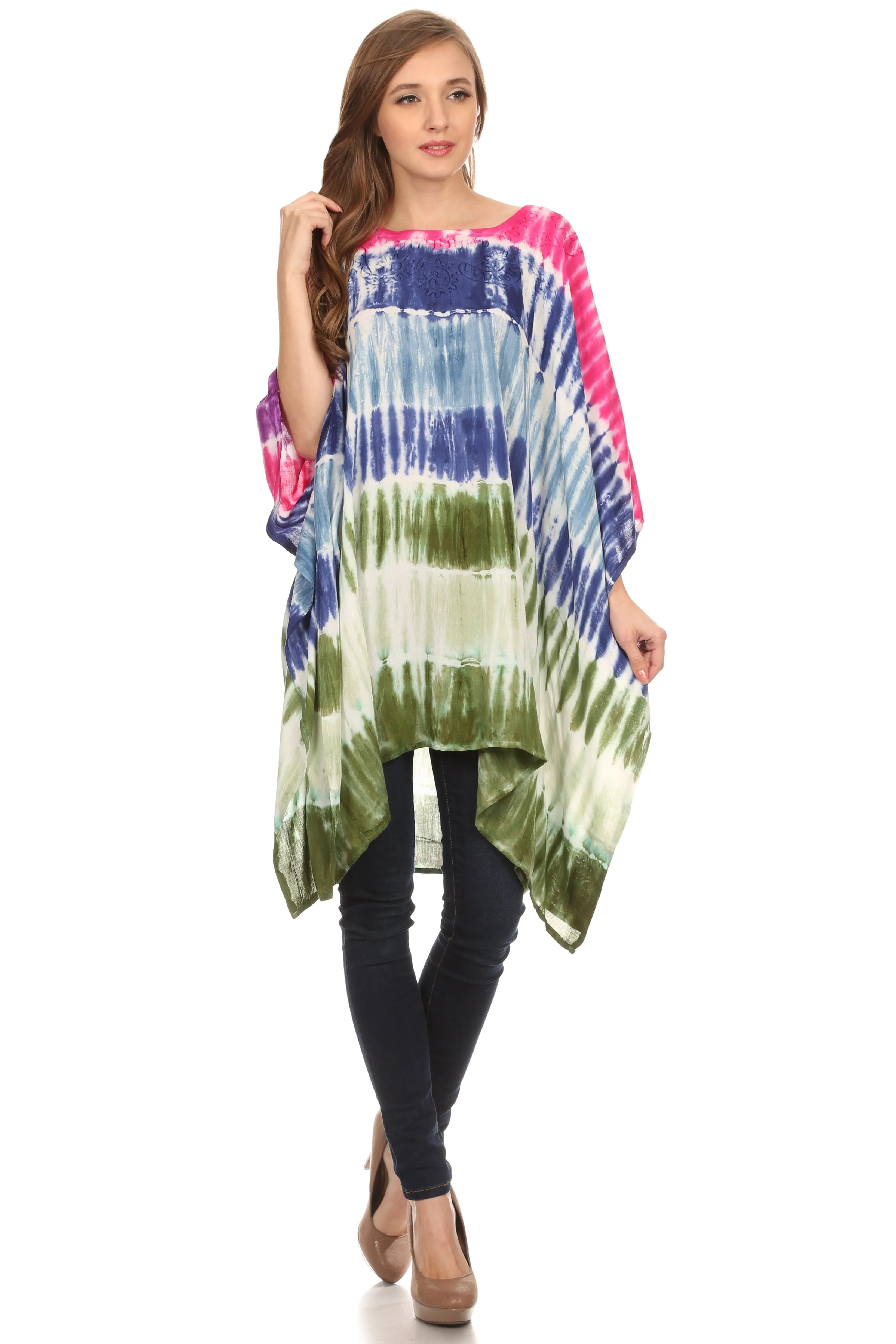 Sakkas Kalinda Embroidered Tie Dye Loose Fit Caftan Poncho Tunic Top / Cover-Up