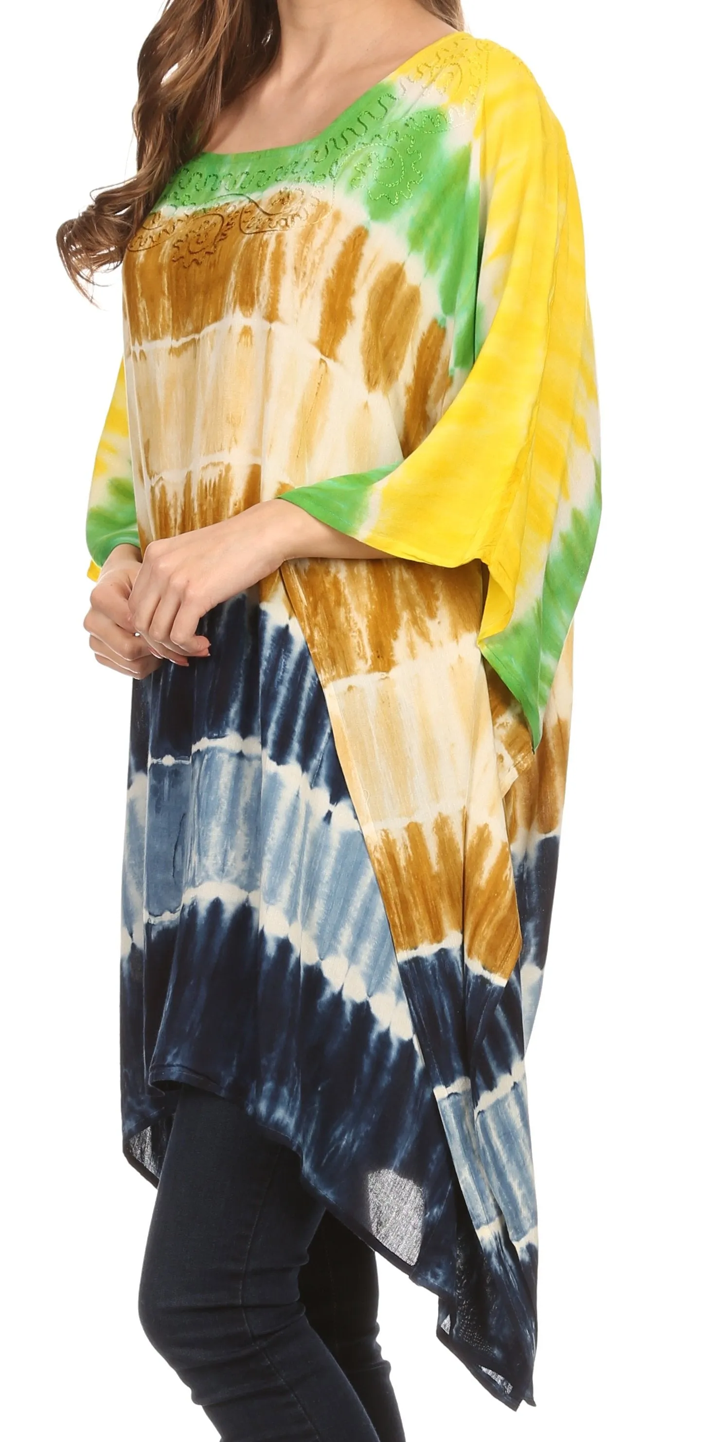 Sakkas Kalinda Embroidered Tie Dye Loose Fit Caftan Poncho Tunic Top / Cover-Up