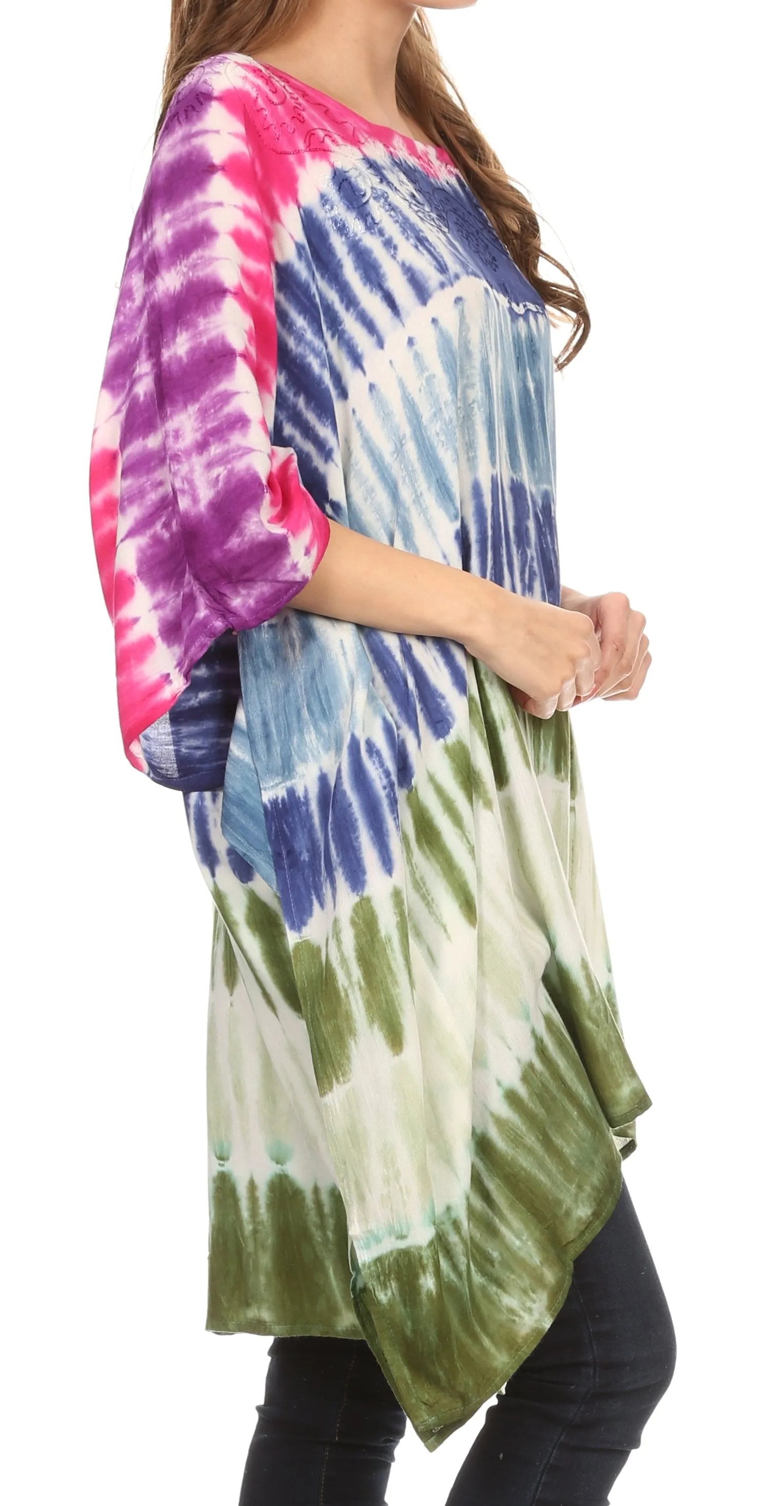 Sakkas Kalinda Embroidered Tie Dye Loose Fit Caftan Poncho Tunic Top / Cover-Up