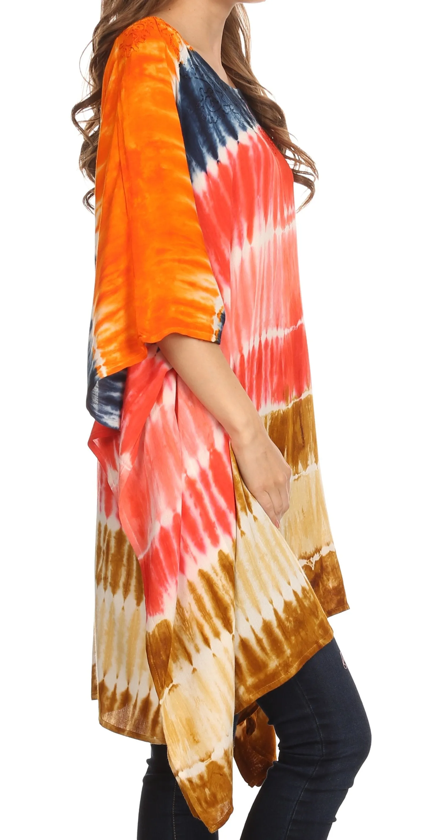 Sakkas Kalinda Embroidered Tie Dye Loose Fit Caftan Poncho Tunic Top / Cover-Up