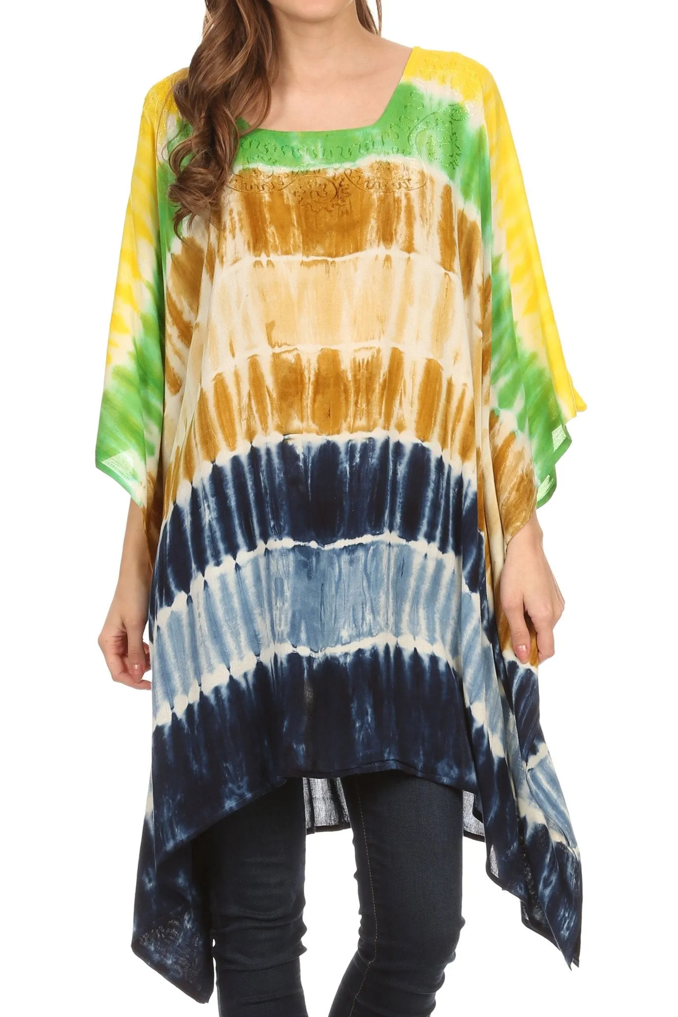 Sakkas Kalinda Embroidered Tie Dye Loose Fit Caftan Poncho Tunic Top / Cover-Up