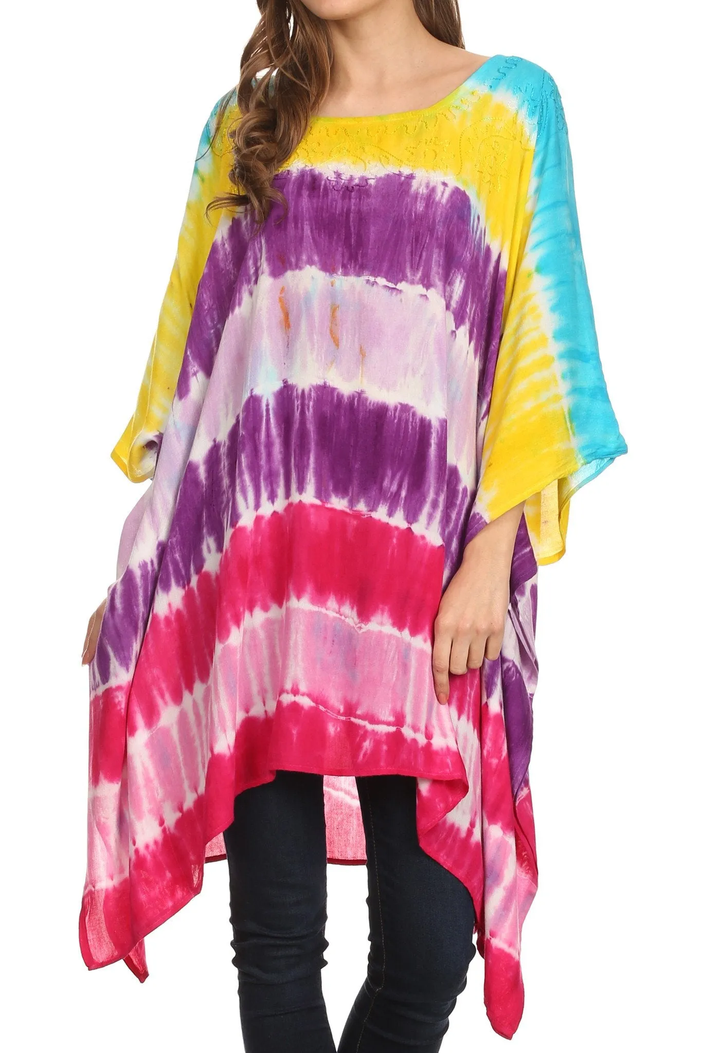 Sakkas Kalinda Embroidered Tie Dye Loose Fit Caftan Poncho Tunic Top / Cover-Up