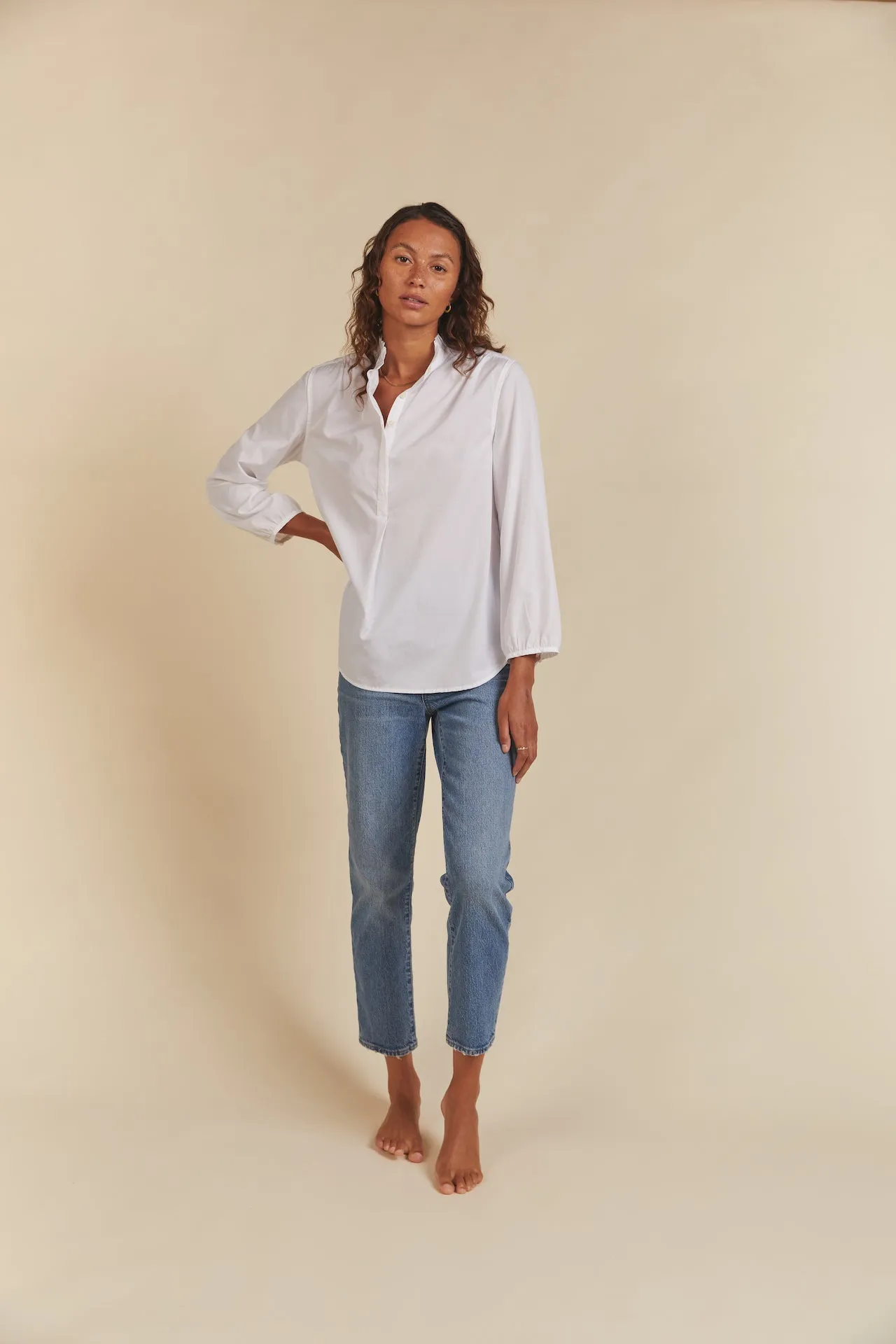 Sara B Henley Shirt White Poplin