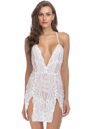 Scalloped Deep V High Split Sequin Lace Fitted Club Mini Dress - White