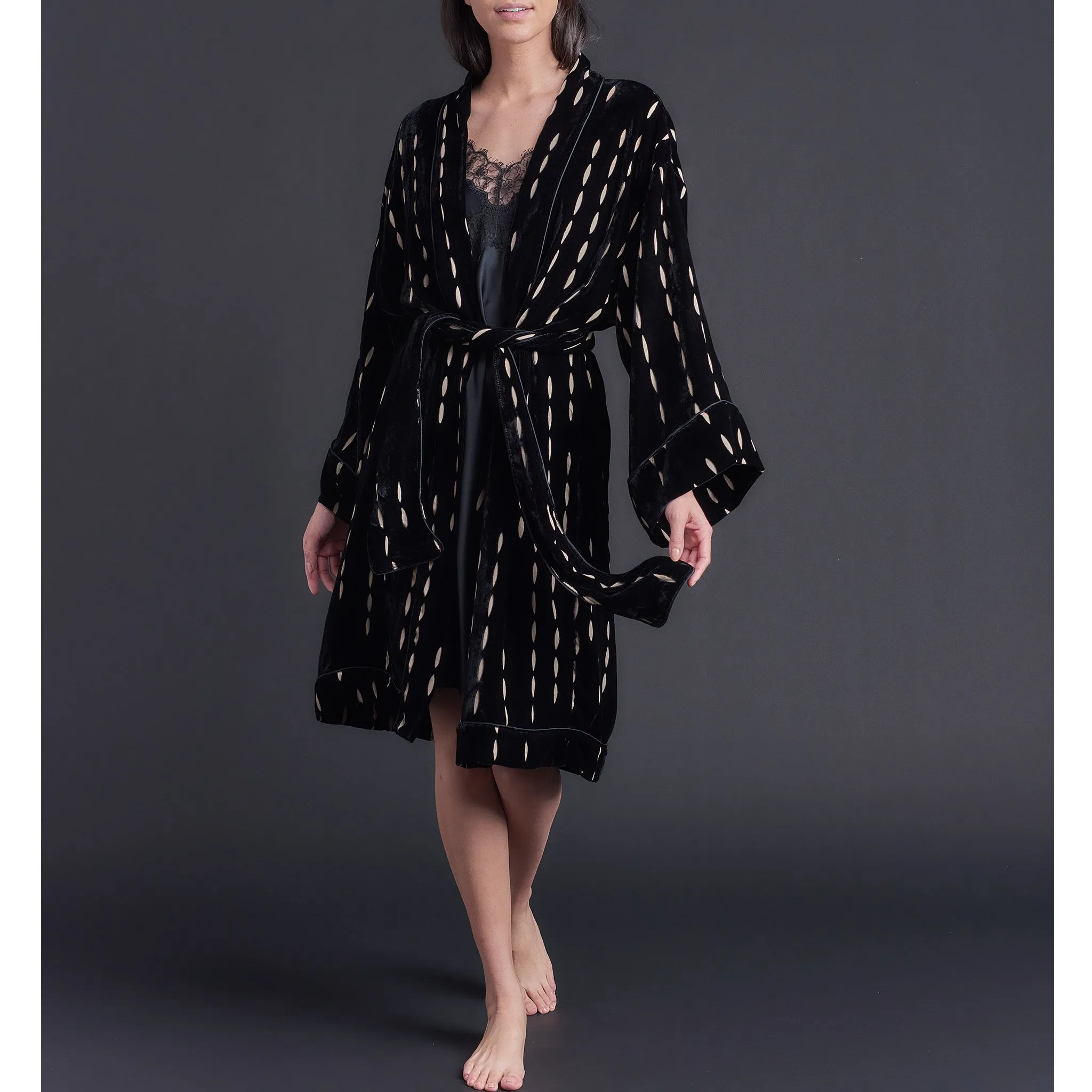 Selene Knee Length Robe in Black Burnout Silk Velvet