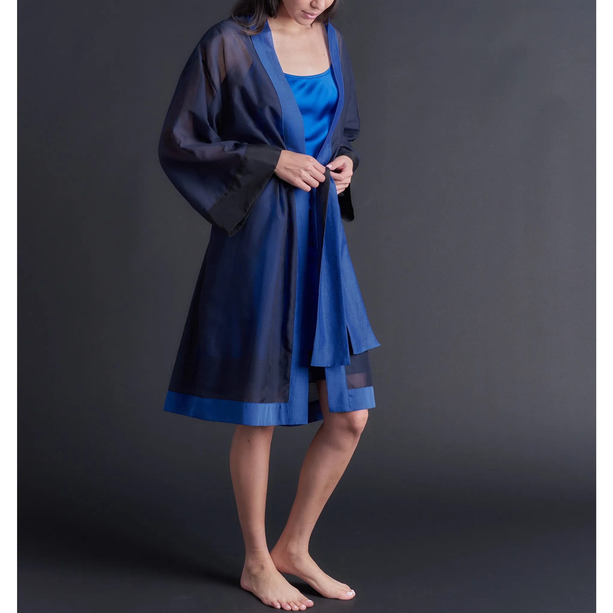 Selene Knee Length Robe in Color-block Sapphire Silk Cotton Voile